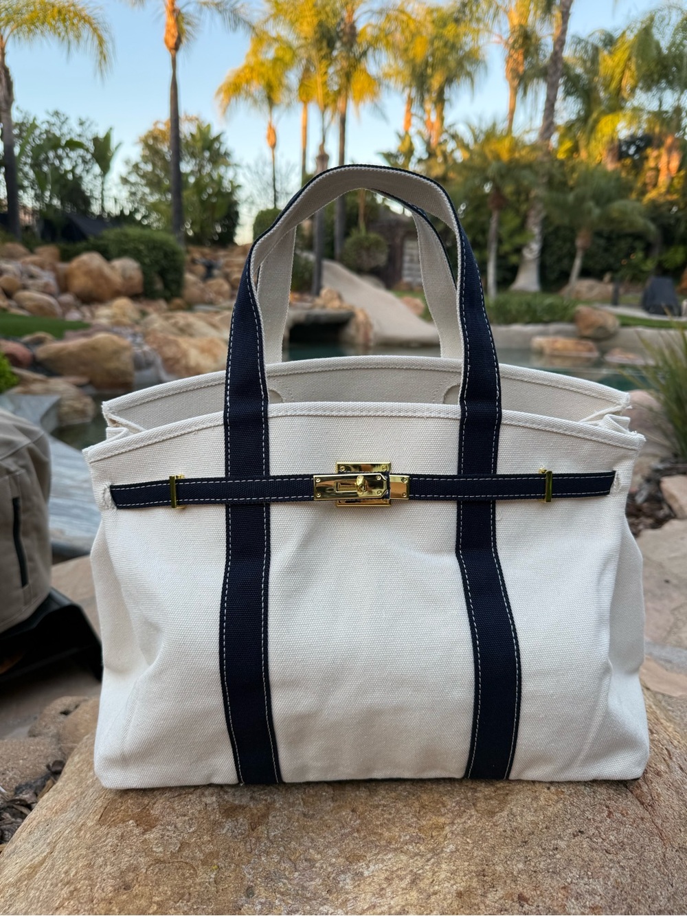Large Tote BOATKIN w/ Navy Straps and Gold Hardware not a Birkin a yacht bag !